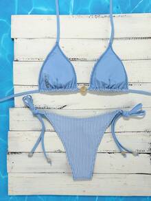 Swim Mod Sexig bikini med triangeltrosor och randig baddräkt för kvinnor i sommarstil - Blått och Vitt - Visa 2