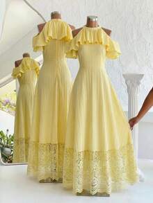 SHEIN Elladie kids 少女优雅度假风纯色纹理面料露肩荷叶边装饰收腰连衣裙，夏季 - 黃色 - 查看 3