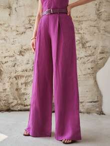 MOTF PREMIUM WOMEN'S LINEN LONG WIDE-LEG BELTED PANTS, SPRING/SUMMER - Hot Pink - View 5