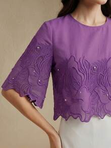 Anewsta New Vintage Sexy Embroidered Sheer Round Neck Short Sleeve Crop Top, Summer Golf White - Mauve Purple - View 1