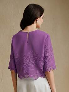 Anewsta New Vintage Sexy Embroidered Sheer Round Neck Short Sleeve Crop Top, Summer Golf White - Mauve Purple - View 6