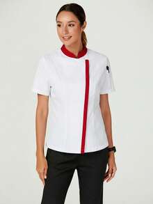 TaskEZ Uniforme de chef de manga corta con ribete de contraste, uniforme minimalista - Rojo y blanco - Ver 5