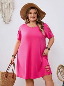 SHEIN CURVE+ Curve Size US22Music Festival, Seaside Vacation, Bohemia Round Neck Short Sleeve A-Line Distressed Basic Loose Knit T-Shirt Dress T Shirt Dress Women Dress Pink Dress - Hot Pink - View 7