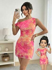 Firerie Women's Pink Floral Summmer 70s Party Mesh Mini Dress, Asymmetric Neck One Shoulder Bodycon Dress,Elegant Vacation Beach Hawaii Graduation Prom - Coral Pink - View 6