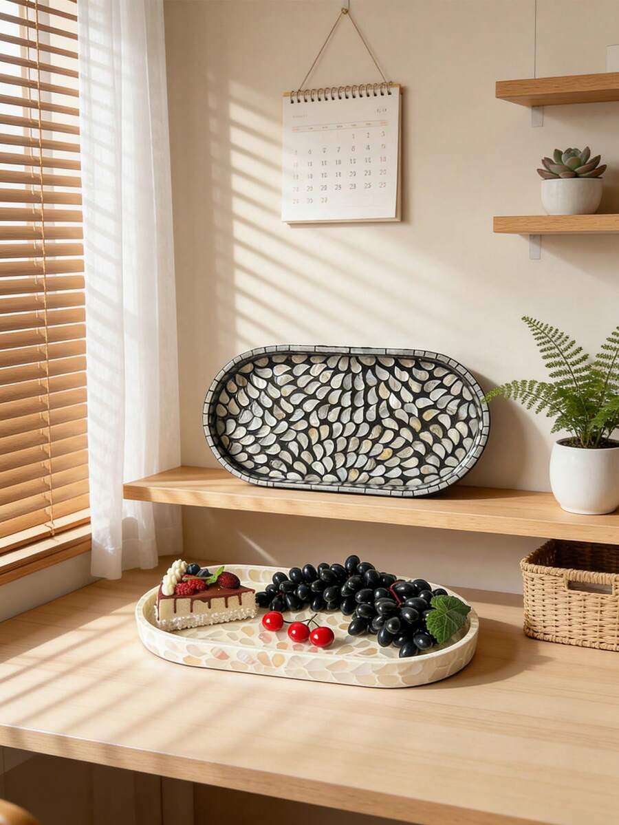 Scandinavian Luxury Natural Shell Tray With High-Quality Design, Wooden Tray With Mother-Of-Pearl Decoration, Suitable For Home Use, Worthy Storage Solution For Desktop Or Tabletop Organization - Multicolor - View 1