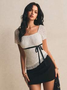 Poéselle 女士优雅系带不对称下摆T恤，夏季 - 杏色 - 查看 6