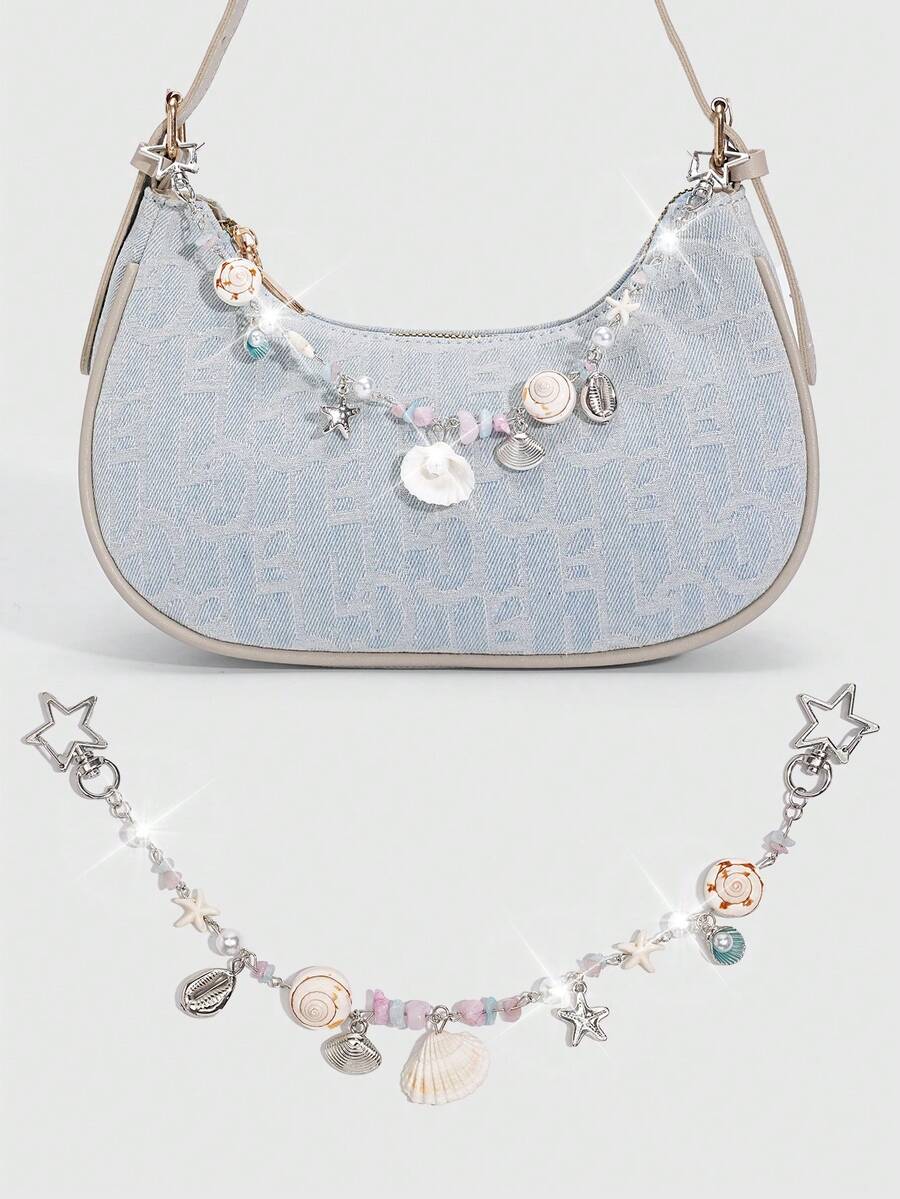 Viva Strut 1Pc Seashell Ornament For A Holiday-Style Starfish Shell Chain Bag, Marine Tail Conch Beach Keychain, Suitable For Matching With A Small Square Bag When Out On Vacation. - Silver - View 1