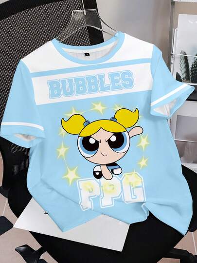 THE POWERPUFF GIRLS X SHEIN Camiseta de manga corta casual y versátil para uso diario con cuello redondo y estampado de letras de dibujos animados para niñas preadolescentes