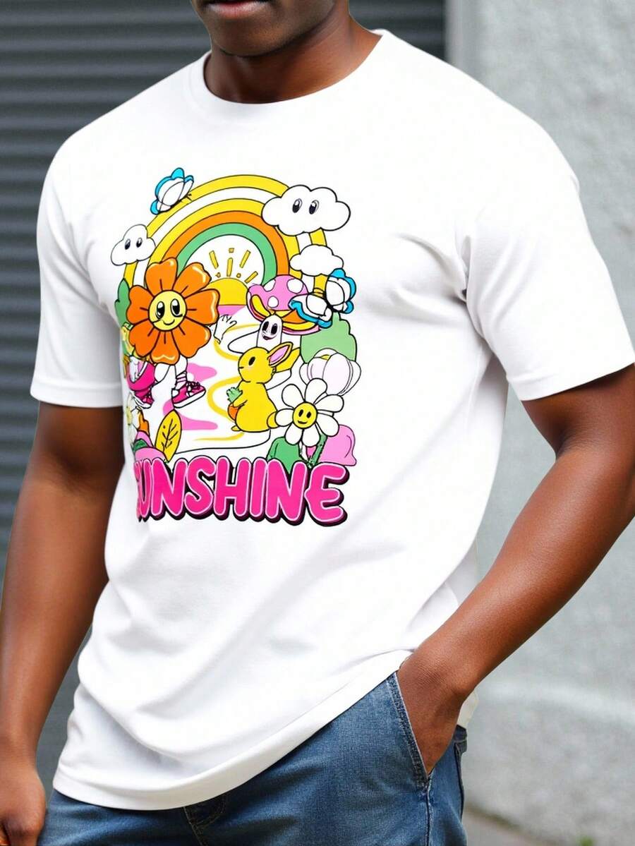 Manfinity Homme 男士休闲圆领卡通字母印花短袖家居服上衣 - 白色 - 查看 1