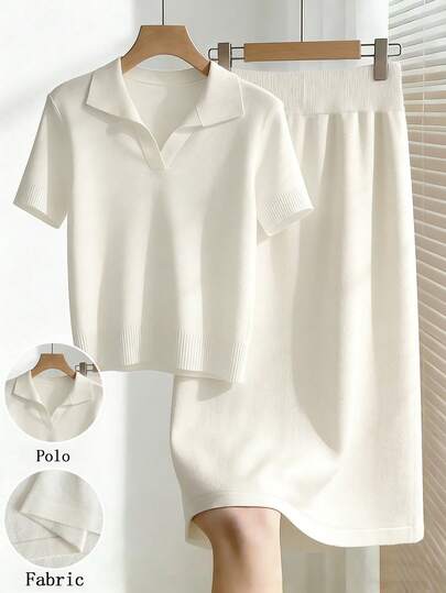 Franclia Bộ đồ nữ thường ngày, màu trơn, nhẹ nhàng, thích hợp cho kỳ nghỉ, gồm áo len cổ polo tay ngắn màu trắng đơn giản, dễ phối đồ và chân váy dài ngang gối cạp cao mềm mại, thanh lịch. Áo trắng, chân váy trắng, trang phục nữ duyên dáng, trang phục mùa hè, bộ đồ thường ngày cho nữ.