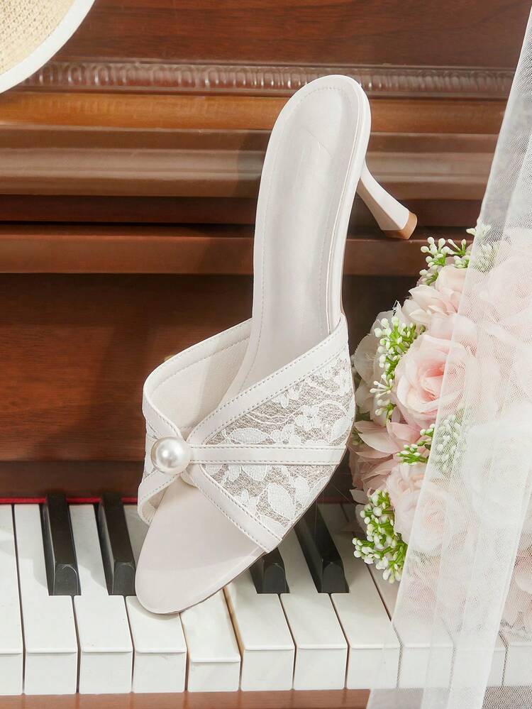 CUCCOO HITCHD Ladies Spring And Summer New Round Toe Stiletto Beige Lace Pearl High Heel Sandals Slippers Fashionable Comfortable Versatile Sexy Party Banquet Women Sandals Wedding Shoes Women's Shoes Summer Shoes