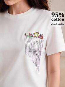 Anewsta Summer Casual Basic Floral Print T-Shirt With Rhinestone Decor Golf White - White - View 3