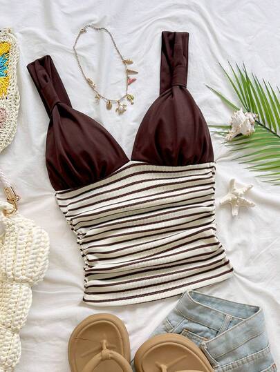 Soleia 女士优雅度假风波点针织面料扭结肩带褶皱修身吊带背心，适合度假、约会、下午茶、海滩、邮轮、城市旅行、海岛度假、音乐节、波西米亚风度假等场合，可内穿或外穿