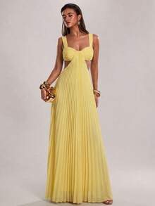 SHEIN BAE Đầm chữ A màu vàng, chất liệu vải xếp ly rỗng, eo, thích hợp cho kỳ nghỉ xuân/hè dành cho nữ, phù hợp đi biển, tụ họp bạn bè, tiệc sinh nhật. - Màu vàng - Xem 5