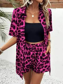 Breezaya Conjunto de 2 piezas de camisa y pantalones cortos impresos casuales para mujer - Rosa Fucsia - Ver 4