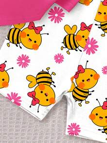 Baby Girl Letter & Cartoon Print Round Neck Short Sleeve T-Shirt And Shorts Set, Suitable For Spring/Summer, Daily Wear, Vacation, Travel - Multicolor - View 5