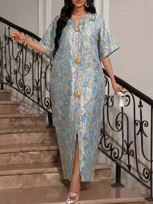 SHEIN Lady Women's Notched Neck Short Sleeve Floral Print Long Dress For Summer,Summer Dresses For Women - Aqua Blue - View 4