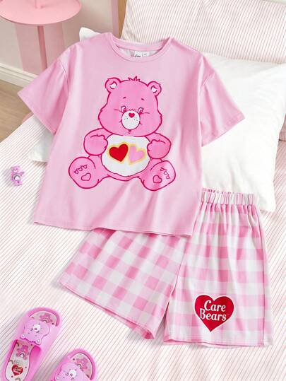 SHEIN X Care Bears 少女熊印花短袖上衣和格子短裤睡衣套装