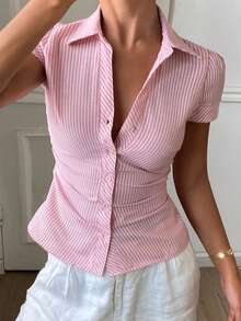 DAZY Striped Collar Pleated Waist Short Sleeve Casual Vacation Summer Blouse For Women Y2k - Pink - View 3