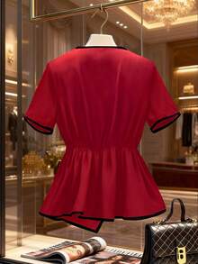 Franclia Plus Size Women Round Neck Bow Decor Casual Versatile Daily Wear Shirt - Red - View 2