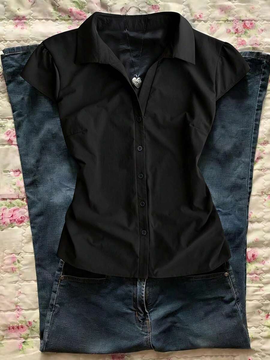 SHEIN 新款蓝色V领褶皱短袖女式衬衫,夏季款 - 黑色 - 查看 1
