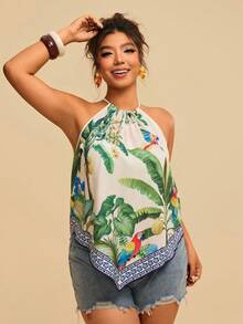 Travachic Women's Spaghetti Strap Sleeveless Loose Parrot & Tropical Plant Print Scarf Summer Tops,Multicolor Boho Beach Holiday Outfits Casual Tank Blouses - Multicolor - View 4