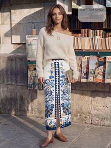 CAJUNI 女士夏季度假印花开衩直筒裙 - 藍色 - 查看 6