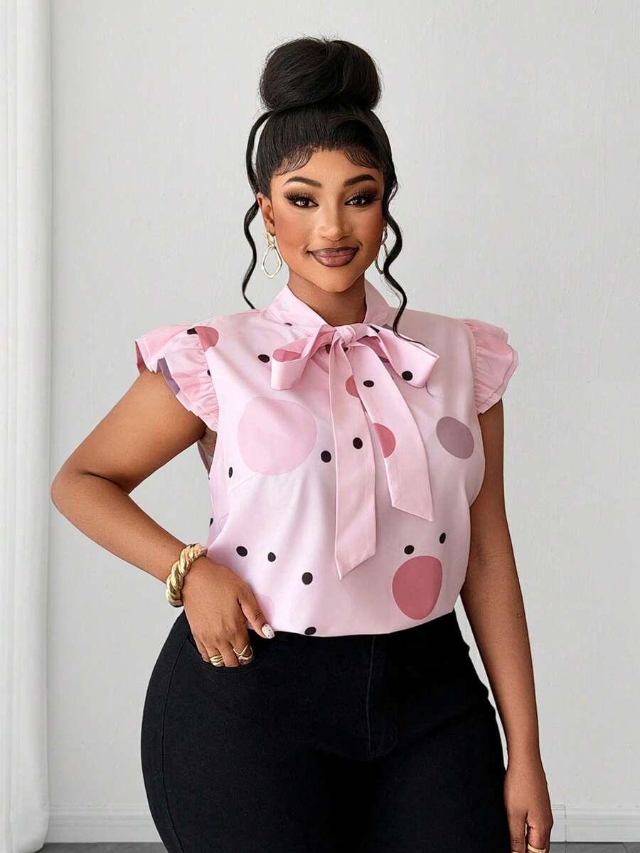 Maweii 女士夏季蝴蝶结无袖荷叶边下摆波点印花A字大码衬衫，优雅百搭，适合日常通勤和浪漫约会 - 粉色 - 查看 1