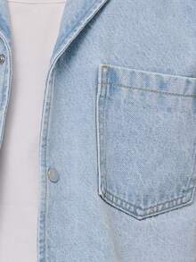 Musero Oversized Washed Short Sleeve Jean Style Jacket Revere Collar Button Through Front Pocket Denim Shirt Top Spring Summer Holiday Essentials - Light Wash - View 6