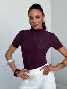 Lavishia Women's Purple Short Sleeve Elegant Lace Blouse, Spring/Summer - Purple - View 3