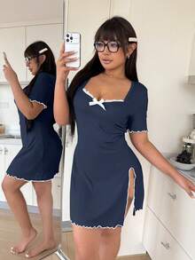 Áo ngủ ngắn tay cổ vuông phối ren xẻ đùi gợi cảm cỡ lớn dành cho nữ - Màu xanh hải quân - Xem 1