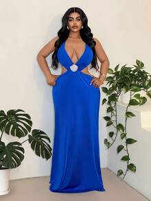 Maweii Plus Size Sexy Halter Neck Beach Vacation Faux Shell Decor Dress - Blue - View 1
