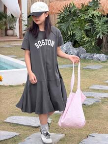 DAZY Tween Girls Round Neck Letter Print Short Sleeve Knit Dress, Fall Summer - Grey - View 1