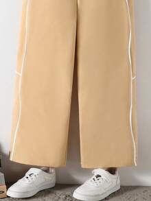 SHEIN Mirajuku 黑色休闲抽绳宽松直筒工装裤，适合青少年和夏季街头服饰 - 卡其色 - 查看 5