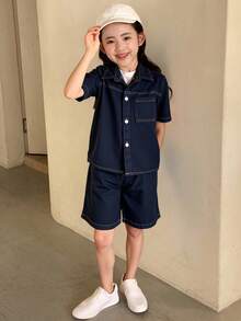 Hapijoa Young Girl Solid Color Regular Shoulder Short Sleeve Front Button Denim Suit, Summer Fashion - Navy Blue - View 5