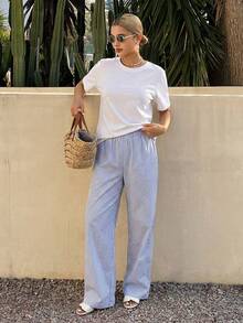 DAZY Simple T-Shirt & Striped Pants Pajama 2pcs Lounge Set, Outfits - White - View 2