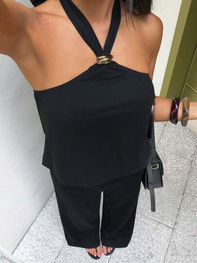 FavEase Bộ jumpsuit dệt kim màu đen co giãn, cổ yếm, thắt eo bằng dây kim loại, thích hợp cho nữ mùa hè, đi biển, phong cách thường ngày tối giản, đa năng.