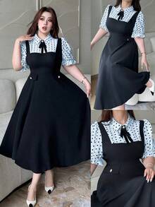 Vibekara Vestido midi evasê elegante e casual de manga curta com gola dobrável, meio abotoamento frontal, estampa de bolinhas e botões em cores contrastantes. Tamanho plus size. - Azul - Ver 1