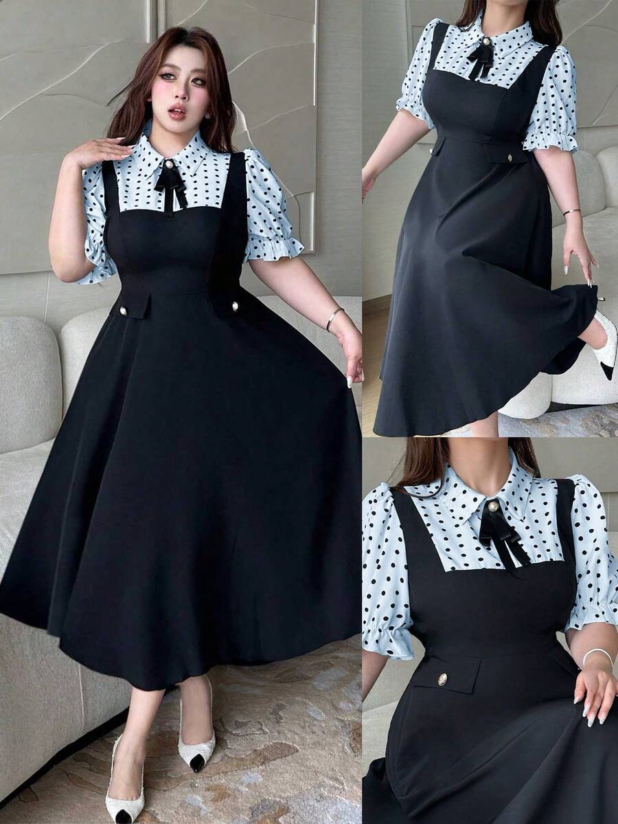 Vibekara Vestido midi evasê elegante e casual de manga curta com gola dobrável, meio abotoamento frontal, estampa de bolinhas e botões em cores contrastantes. Tamanho plus size. - Azul - Ver 1