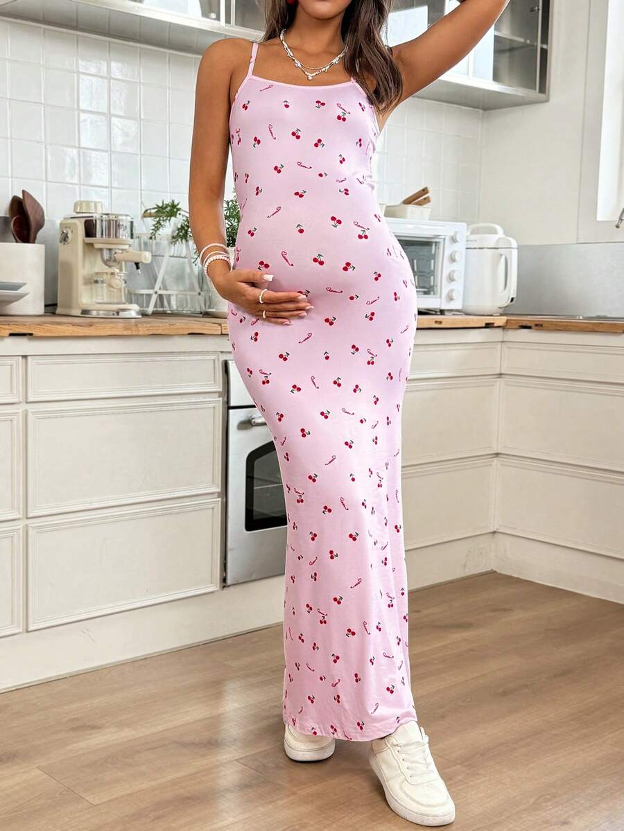 SHEIN Đầm bầu không tay in họa tiết quả anh đào, kiểu dáng thường ngày, thích hợp cho mùa hè. - Hồng - Xem 1