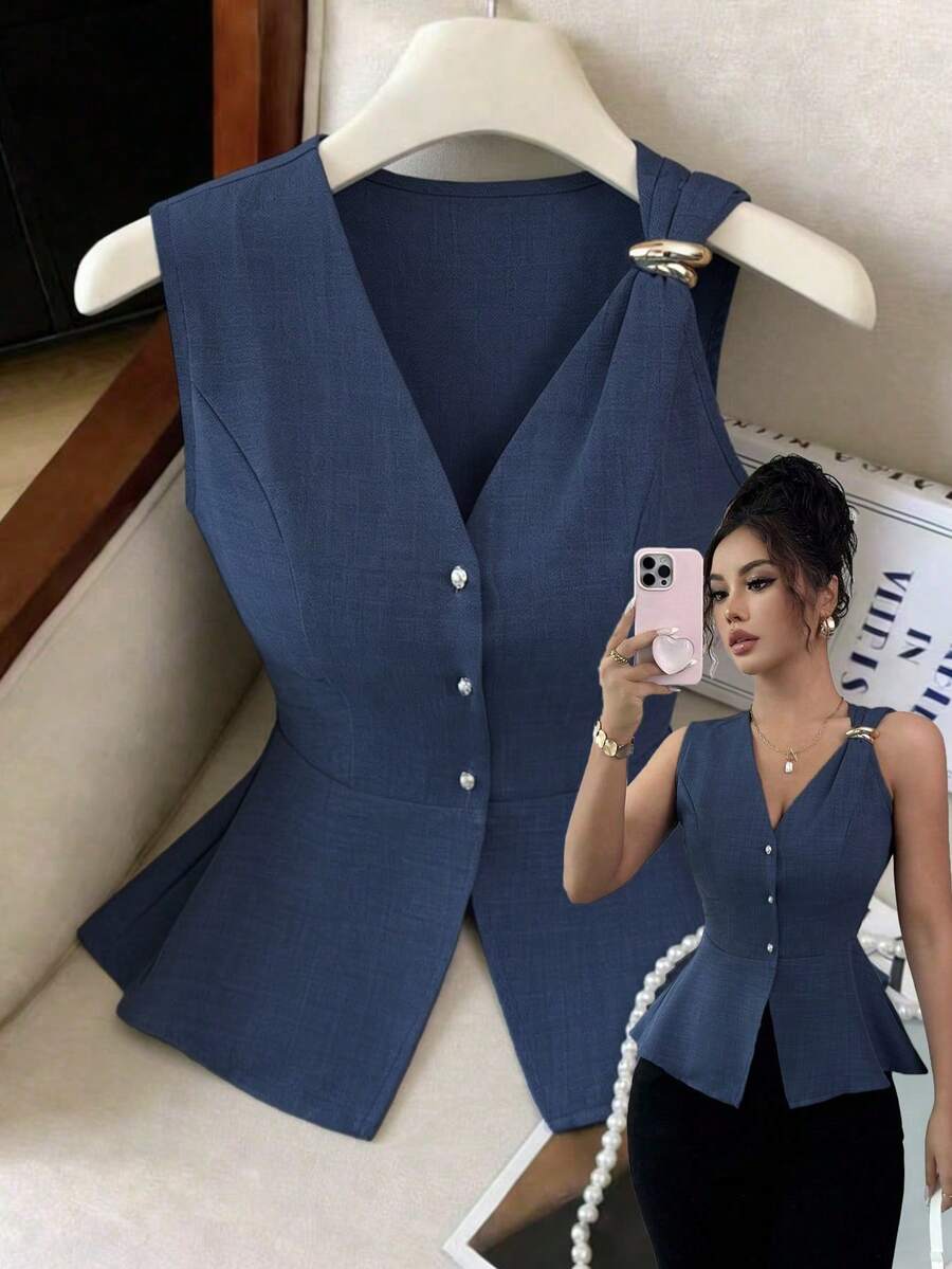 Elenzga 新款时尚金属扣V领无袖上衣，收腰设计，百搭女士夏季款 - 藏蓝色 - 查看 1