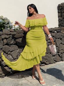 Sunnyshic Plus Size Off-Shoulder Ruffle Hem Elegant Asymmetrical Hem Mesh Flowy Vintage Cute Vacation Wedding Party Dress, Pink - Limelight Green - View 6
