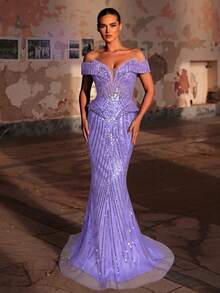 Glamrae Elegantes luxuriöses Off-Shoulder Perlen- & Pailletten-Blumen-Meerjungfrauenkleid, geeignet für Hochzeit, Party, Urlaub, Bankett (stark verziert) - Mauve - Übersicht 6