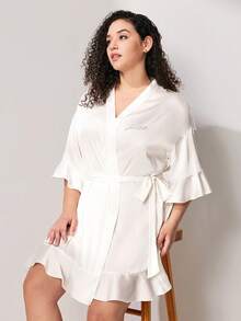 LUVLETTE Plus Size Women's Summer Luxe Satin Robe - Flowy Ruffled Design & Shimmering Rhinestones Luxe Silky Summer Nightwear Wedding Items Bride Pajamas - White - View 9