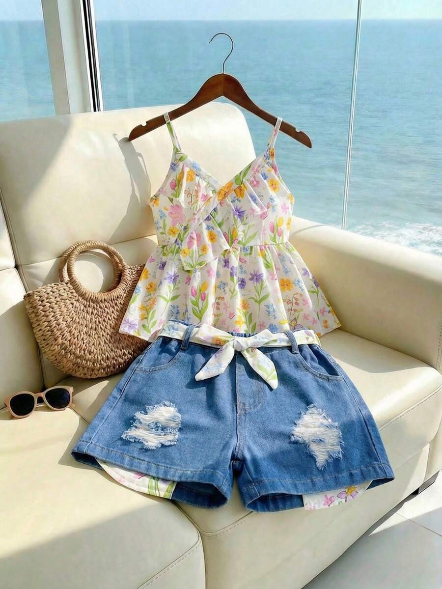 SHEIN 2pcs/Set Tween GirlsCasual Pink Ruffle Camisole Top & Blue Distressed Denim Shorts With Plaid Belt, Versatile & Fashionable Daily Wear - Multicolor - View 1