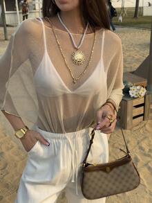 DAZY Áo khoác ngoài nữ cổ tròn, chất liệu xuyên thấu, vạt bất đối xứng. - Màu Khaki - Xem 6