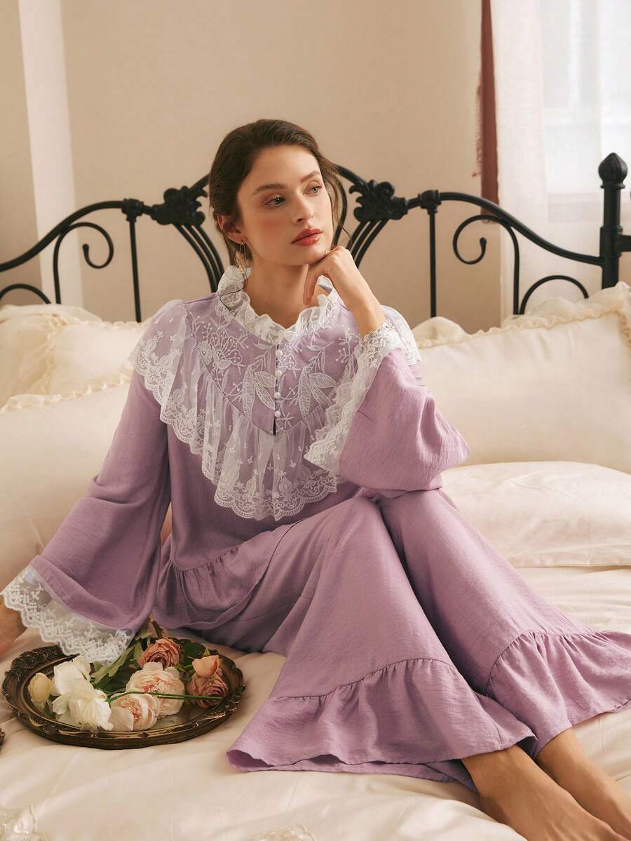 Côtesoire Bộ đồ ngủ nữ sang trọng, thanh lịch kiểu cung điện cổ điển, quyến rũ, chất liệu lưới thêu ren phối màu tương phản, viền bèo nhún. - Bụi hồng - Xem 1