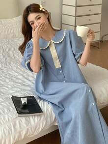 Sweet Plaid Contrast Color Ruffle Trim Peter Pan Collar Puff Sleeve Women's Nightgown Pajama, Moo Moo - Blue - View 4