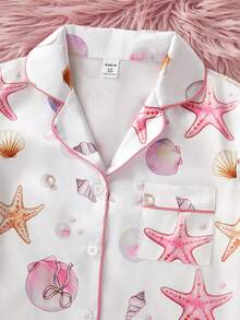 SHEIN Bộ đồ mặc nhà 2 món màu hồng cổ điển dành cho nữ tuổi teen, gồm áo khoác cardigan dài tay in họa tiết vỏ sò và quần dài. - Nhiều màu - Xem 8