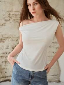MOTF PREMIUM FASHIONABLE MINIMALIST COTTON ASYMMETRICAL NECK SLEEVELESS TOP, SPRING/SUMMER - White - View 4